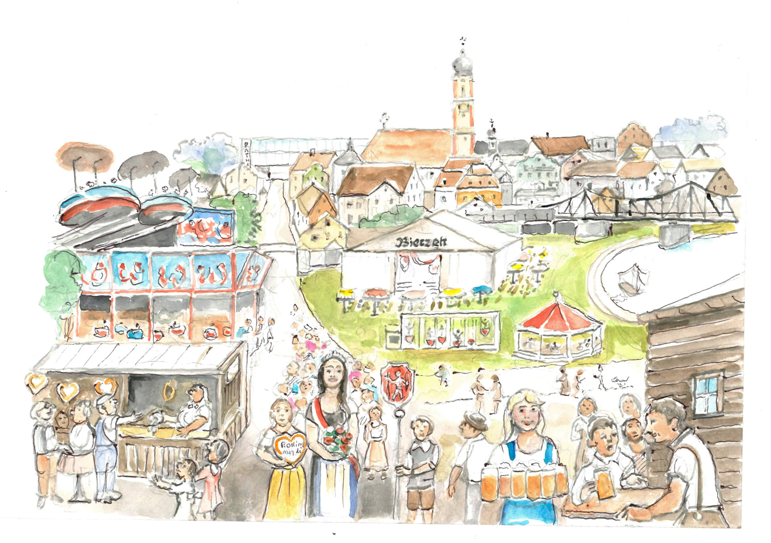 Motiv des Rodinger Volksfestes mit Festzelt und der Stadtsilhouette