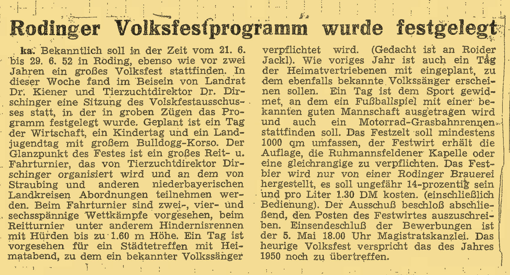 Artikel vom Rodinger Volksfest aus dem Bayerwald-Echo vom 28.04.1952